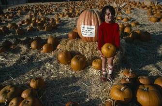 USA, California, Berkeley, Child holding pumpkin standing amongst vast array of harvested fruit
