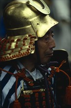 JAPAN, People, Samurai, "Portrait of Samurai wearing armour constructed of plates of metal or