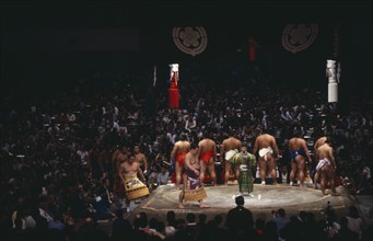 JAPAN, Samurai, Sumo, Sumo wrestlers of the top division perform the dohyo-iri ring entry ceremony