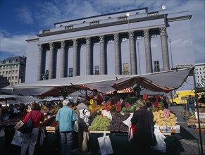 SWEDEN, Stockholm, Fruit stalls in front of the Konserthuset Concert Hall
