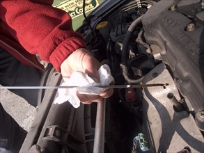 TRANSPORT, Road, Cars, Man checking oil level on the car engine dipstick and wiping it on a white