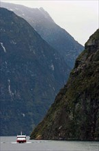 NEW ZEALAND, SOUTH ISLAND, "MILFORD SOUND,", "SOUTHLAND, A CRUISE BOAT TRAVELS ALONG MILFORD SOUND