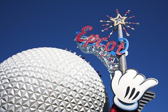 USA, Florida, Orlando, Walt Disney World Resort Epcot Center. Spaceship Earth with Epcot sign.