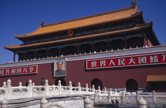 CHINA, Beijing, Entrance gateway to the Forbidden City from Tiananmen Square with portrait of Mao