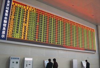 CHINA, Beijing, Interior of railway terminal with electronic information board with customers