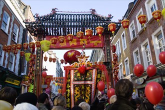 ENGLAND, London, Chinatown, Lion Dance troupe in Gerrard Street with their lions before performing