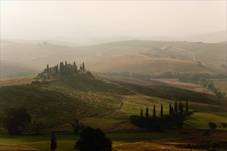 ITALY, Tuscany, San Quirico D’Orcia, Early morning mist in the Val d'Orcia with a hilltop farmhouse