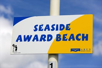 ENGLAND, West Sussex, Littlehampton, Seafront sign of a Seaside Award Beach from the Encams Keep