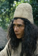 COLOMBIA, Sierra Nevada de Santa Marta, Ika, Portrait of Ika man wearing traditional woven wool and