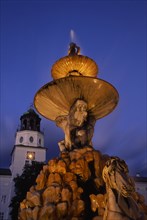 AUSTRIA, Salzburg, Part view of Baroque fountain with statues of horse and contorted figures and