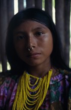 COLOMBIA, Darien, Kuna Indians, Head and shoulders portrait of Kuna girl from the Arquia community