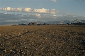 MONGOLIA, Gobi Desert, Summer landscape on the edge of the Gobi desert with vehicle tracks through