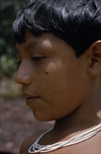 COLOMBIA, North West Amazon, Tukano Indigenous People, Head and shoulders portrait of Barasana boy