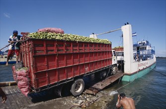 NICARAGUA, Lake Nigarugua, A lorry loaded with bananas boarding a ferry on Lake Nigarugua