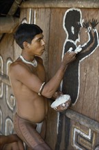 COLOMBIA, North West Amazon, Tukano Indigenous People, Cropped shot of Barasana Indian painting