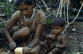 COLOMBIA, North West Amazon, Tukano Indigenous People, Barasana woman peeling manioc roots with