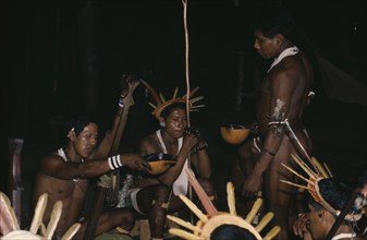 COLOMBIA, North West Amazon, Tukano Indigenous People, "Barasana shamans wearing crowns of royal