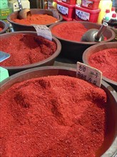 KOREA, South, Seoul, "Namdaenum - Namdaemun market, stainless steel bowls of chili powder on sale"