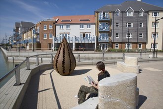 ENGLAND, West Sussex, Shoreham-by-Sea, Ropetackle housing development on the banks of the river
