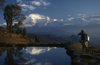 NEPAL, Annapurna Region, Panchase Bhanjyang, A woman walking next to the pond near a Rhododendron