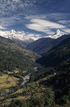 NEPAL, Annapurna Region,  Modi Khola Valley , Sanctuary Trek. Elevated view over the Modi Khola