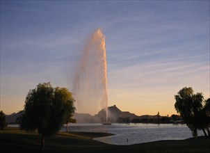 USA, Arizona, Fountain Hills, Huge plume of water from water shoot in city northeast of Phoenix.
