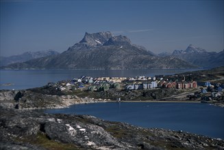 GREENLAND, Nuuk, Town houses in rocky landscape looking north across Lake Vandso.