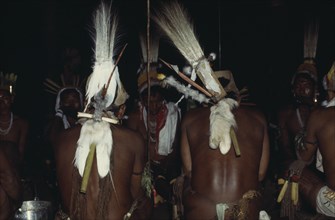 COLOMBIA, North West Amazon, Tukano Indigenous People, Rear view of two Barasana shamans wearing