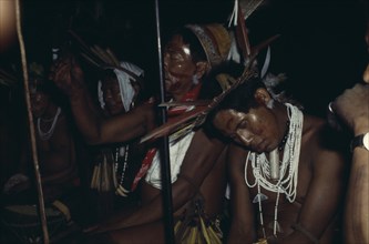 COLOMBIA, North West Amazon, Tukano Indigenous People, Barasana elders chanting  Bosco the headman