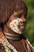 ETHIOPIA, Lower Omo Valley, Mago National Park, "Woman with face painting, her hair greased with