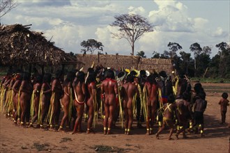 BRAZIL, Mato Grosso, Indigenous Park of the Xingu, Panara men wearing crowns or head-dresses of