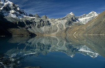 NEPAL, Everest Trek, Gokyo, View west over Dudh Pokhari Lake with snow capped mountains reflected