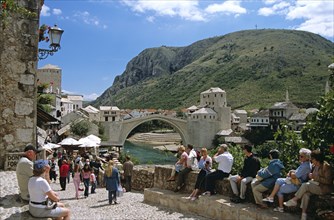 BOSNIA HERZEGOVINA, Mostar, "Stari Most, Old Bridge, following reconstruction, tourists, and