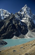 NEPAL, Everest Trek, Cholatse Cho, View down towards Cholatse Cho with mountains Tawachee on the