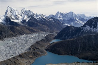 NEPAL, Everest Trek, Gokyo, "View from Gokyo Ri over Gokyo and Ngozumpa Glacier to Cholatse,