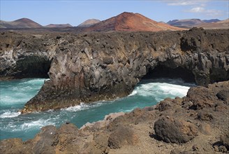 SPAIN, Canary  Islands, Lanzarote, "Los Hervideros or Boiling Waters from viewpoint on south west