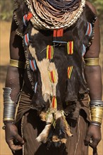 ETHIOPIA, Omo Valley, Mago National Park, Womans necklaces and traditional goatskin dress decorated