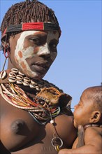 ETHIOPIA, Lower Omo Valley, Mago National Park, "Karo woman with face painting, breast feeding baby