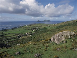 IRELAND, County Kerry, Ring of Kerry, "Scattered houses and farm buildings in green, coastal