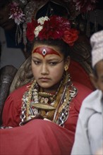 NEPAL, Patan, The Patan Kumari ( Living Goddess ) at the Bhoto Jatra Festival