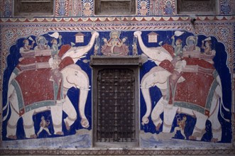 INDIA, Rajasthan, Fatehpur, Wall painting of Lakshmi with attendant elephants inside the Nand Lal