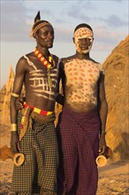 ETHIOPIA, Lower Omo Valley, Kolcho, Karo men with body painting (made from mixing animal pigments