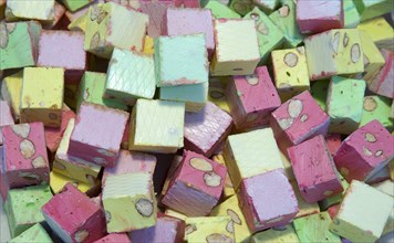 FOOD, Confectionery, Sweets, Mullti coloured nougat for sale in a market in Shoreham-by-Sea.