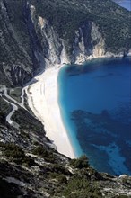 GREECE, Ionian Islands, Kefalonia, "Myrtos (Mirtos) Beach, from cliff top."
