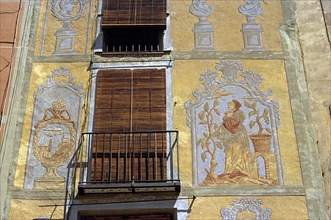 SPAIN, Catalonia, Barcelona, "Placa de Jaume Sabartes, Wall paintings and balconies."