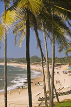 INDIA, Goa, Sinquerim Beach., View along palm fringed beach.