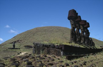 CHILE, Easter Island, Anakena, Prehistoric stone heads or moai carved from volcanic rock or tuff