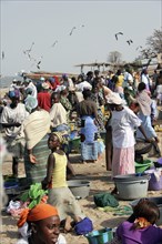 GAMBIA, Western Gambia, Tanji, Busy fish and food market on beach crowded with mostly women and