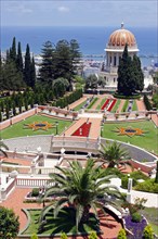 ISRAEL, Northern Coast, Haifa, Zionism Avenue.  View of Baha'i Shrine and Gardens.  Formal layout