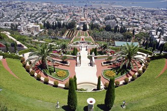 ISRAEL, Northern Coast, Haifa, "Zionism Avenue.  View of Baha'i Shrine and Gardens, tiered formal